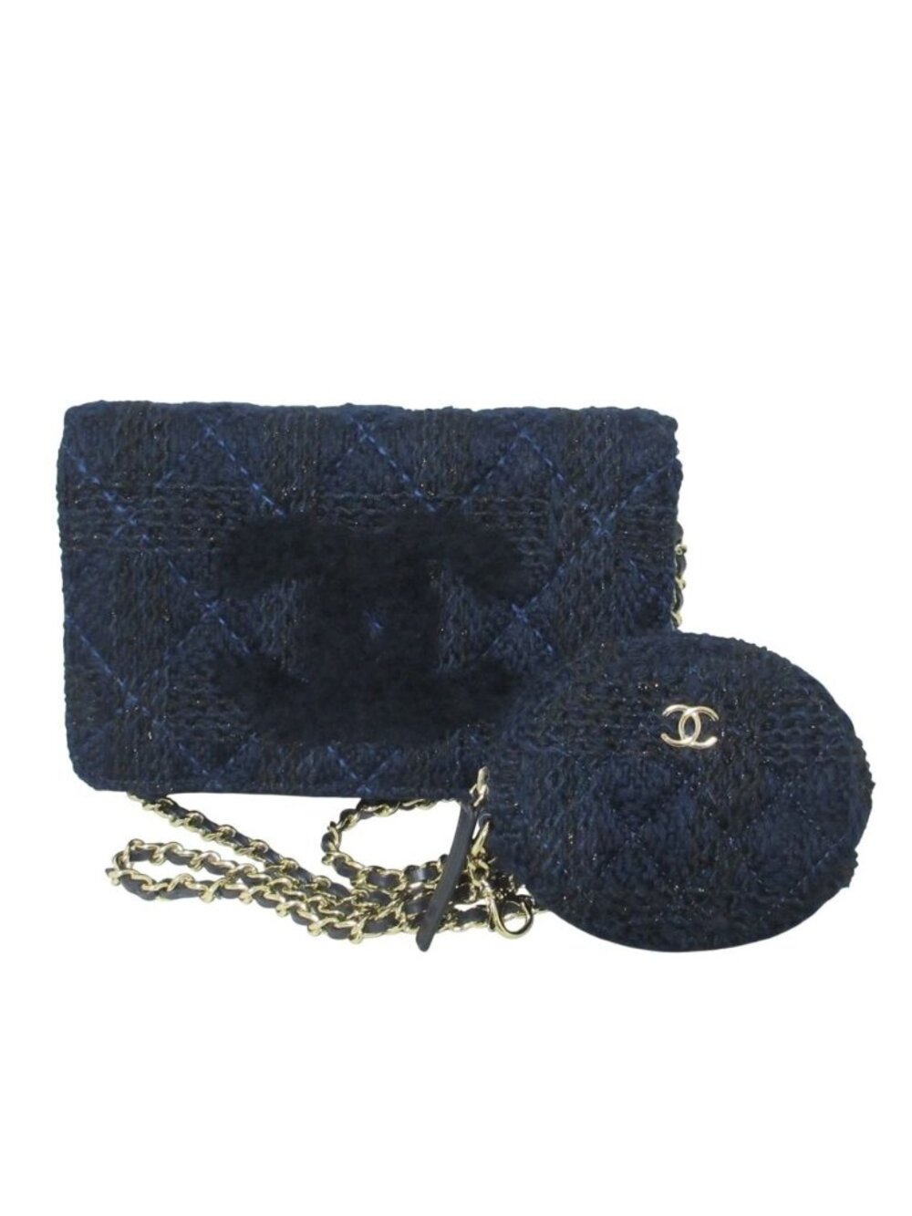 Chanel Quilted CC Logo Knit Tweed Wallet on Chain Navy Shoulder Bag